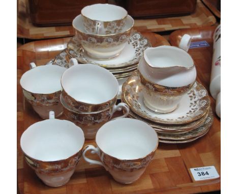 Tray of Royal Standard fine bone china, gilt and floral, teaware to include: tea cups; saucers; plates; milk jug and sucrier.