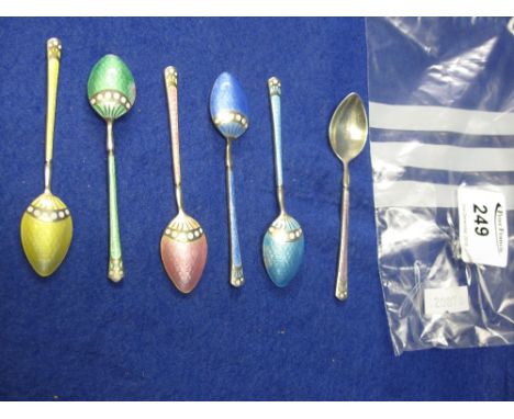 Set of six silver and enamel coffee spoons, Birmingham hallmarks.