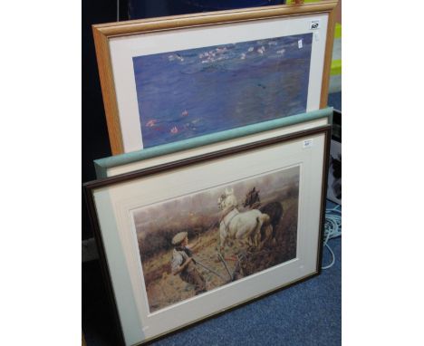 Framed equestrian print, framed print after Susan Brabeau, 'Snatched Away', coloured lithograph and a gallery type framed pri