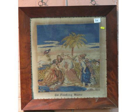 Framed Berlin wool work tapestry panel, 'Dei Fiewdung Moses', mahogany swept frame.