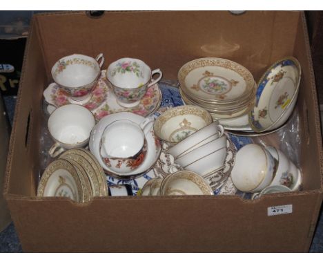 Box of assorted tea ware items to include Mintons J&G Meakin Royal Albert Moss Rose blue and white plates etc.