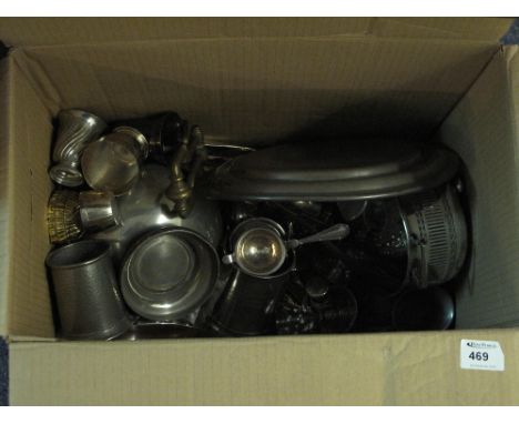 Box of assorted metal ware to include various loose plated cutlery, pewter tankards, brass door knocker etc., together with s