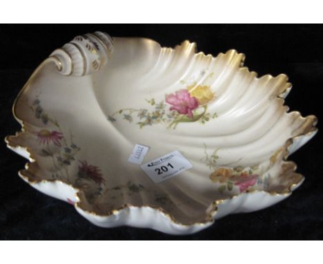 Royal Worcester porcelain shell shape blush ivory dish.  Puce marks to base.  Shape number 1274, date cypher 1899.