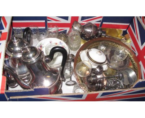 Tray of various items to include drinking glasses, silver plated tea service, brass tray, loose plated cutlery etc.