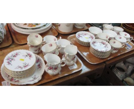 Two trays of Royal Albert bone china 'Lavender Rose' teaware items comprising: cups; saucers; milk jug; sucrier; plates etc. 