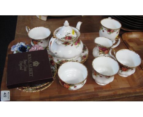 Tray of Royal Albert Old Country Roses bone china tea ware items comprising tea cups, saucers, plates, milk jug, tea pot etc.