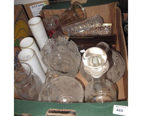 Tray of assorted glass ware to include mallet shaped decanter, jar and cover, vases, tankards, glasses, drinking glasses etc.