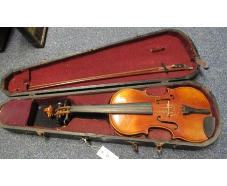 Czechoslovakian Stradivarius copy student violin with bow in hard case. CONDITION REPORT: Wear to case + bow, one string snap