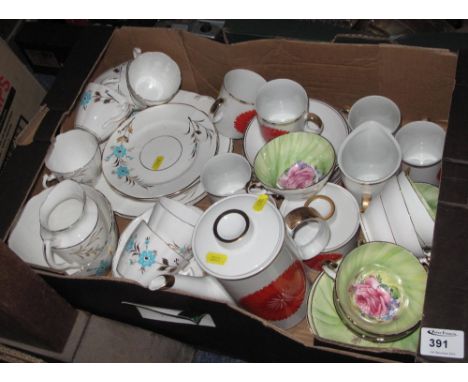 Tray of assorted china to include Stanley rose design tea cups and saucers, other Staffordshire tea ware etc.