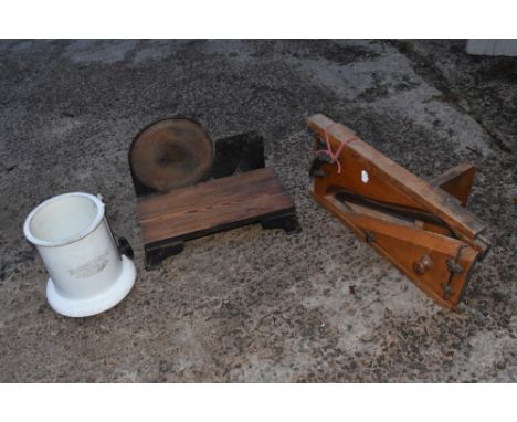 FOLLOWS & BATE LTD MAKERS TO MANCHESTER; a cast iron and pine vintage meat slicer, another wooden meat slicer and a 'Hygienic