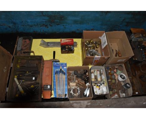 A selection of vintage brass door handles, and a selection of vintage drill bits, Whitworth type metal thread gauges, wooden 