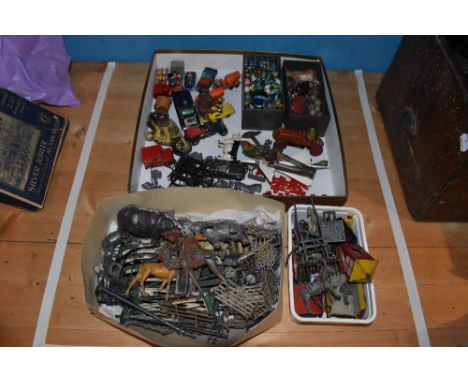 An assortment of diecast and tinplate children's toys, including Britains type farm series wagons and accessories, marbles, L