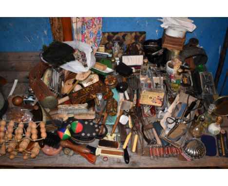 A large selection of 19th century and later vintage manicure and clothes items including various hairdressing scissors, hair 