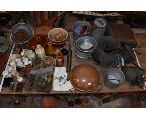 KITCHENALIA; a large collection of vintage metal and ceramic kitchen items including pie funnels, an A.C. Clarke improved cof