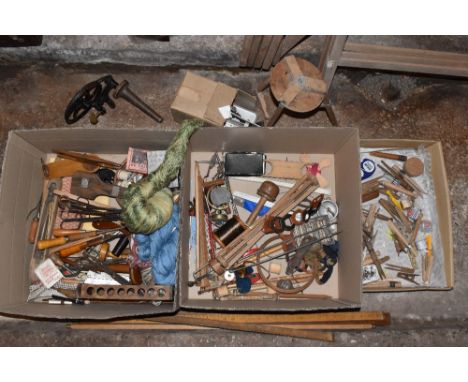 A large assortment of vintage sewing and textile tools, also washing items, various reels, winders, etc (quantity).PROVENANCE