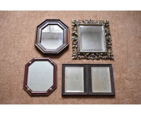 A cast brass Florentine style wall mirror, with bevelled plate, height 35cm, also an oak framed twin mirror and two further s