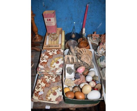 NATURAL HISTORY; a selection of mineral specimens, an ammonite fragment, decoy eggs, a selection of candles and fifteen ceram