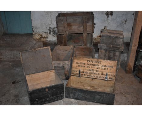A collection of five vintage pine ammunition boxes, length 70cm, also a smaller ammunition type box and a hinged and stained 
