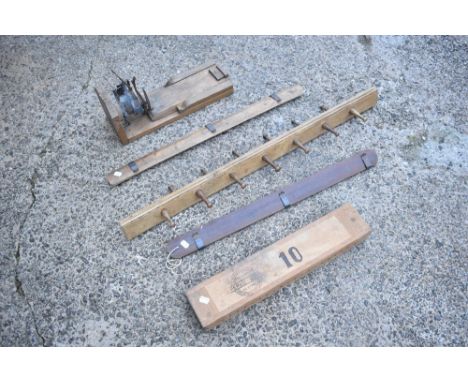 A rustic built straw bushel holder and cutter, length 45cm, also a double sided coat rack, a cigar box, and two other treen c