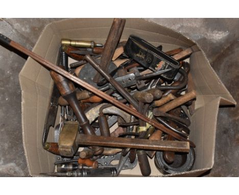A miscellany of vintage carpentry and other hand tools, also a large assortment of vintage nails, bolts, washers, etc. PROVEN