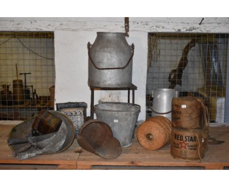 A vintage aluminium milk churn, height 37cm, also an iron trivet, a further aluminium milk churn, a galvanised lime bucket, t