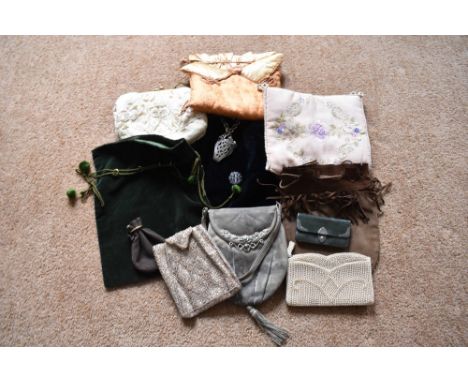 A collection of early 20th century and later decorative bags and evening bags, including a hallmarked silver mounted green le