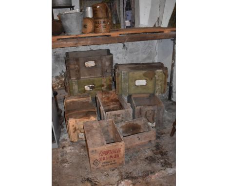 Six vintage painted pine ammunition boxes, length 70cm, a small rectangular box and a Soviet Union salmon box (8).PROVENANCE: