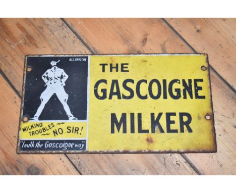 THE GASCOIGNE MILKER; a vintage enamel advertising sign, ‘making troubles, No Sir! I milk the Gascoigne Way, 25.5cm x 14cm.PR