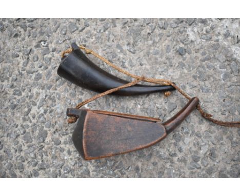 A 19th century horn and wood box, possibly a powder flask, length 20cm, and a 19th century treen box of triangular form (2).P