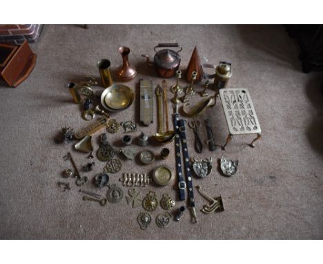 A collection of 19th century and later copper and brass items, including a copper conical ale warmer, height 26cm, also a cop