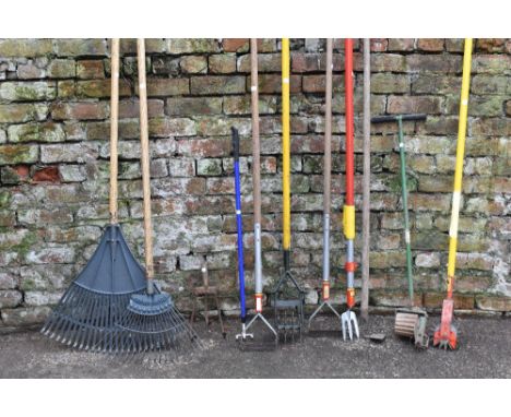 A collection of eleven assorted garden tools, predominantly hoes, rakes and forks.  PROVENANCE: The Raymond Rush Collection. 