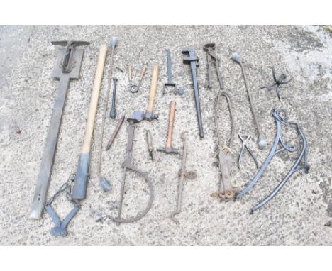 A collection of vintage agricultural and metalworking items, including a pair of cast iron oversized calipers, wire tightener