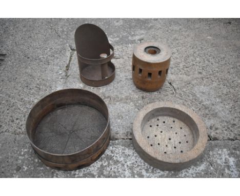 A vintage steamed wood and metal cheese sieve, with stencil no.33, diameter 33cm, also a treen drainer, diameter 30cm, a meta