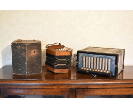 A 19th century walnut hexagonal concertina, with patterned black leather bellows, in fitted case, also a T-Melodion (2).PROVE