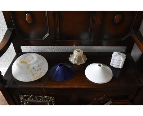A vintage blue enamel light shade, diameter 22.5cm, also four opaque white glass light shades and three other light shades (8