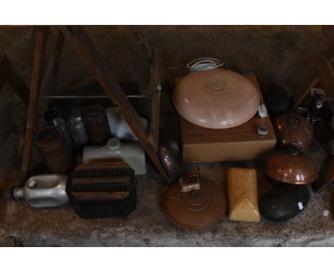 A collection of vintage metal ceramic and foot and other bed warmers, three copper bed warmers, a tin brassier warmer decorat