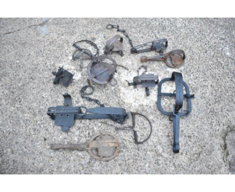 A collection of twelve 19th century and later wrought iron animal traps, the longest 48cm.PROVENANCE: The Raymond Rush Collec
