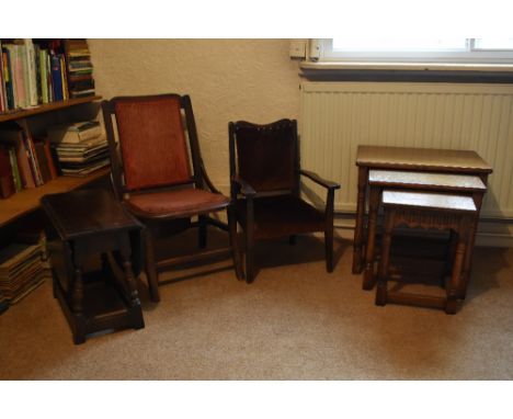 A stained beech child's chair, a stained beech sewing chair and an oak occasional table, tallest 70cm (3).PROVENANCE: The Ray