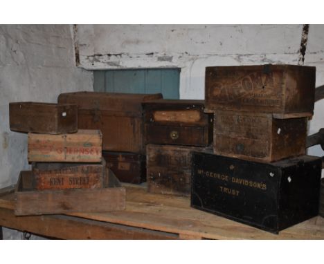 A selection of vintage wood and metal boxes including a stained pine box with label inside for Day & Sons universal medical c