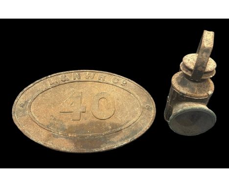 L&amp;NWR Company bridge plate No. 40 and lamp, good (surface corrosion). Contents unchecked for completeness or correctness 