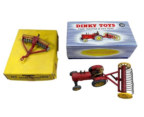 Dinky Farm Tractor and Hay Rake No. 310, generally good plus in excellent Dinky Toys stripe lift-off lid box, plus good plus 