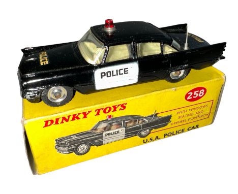 Dinky Cadillac USA Police Car No. 258, excellent in good plus box (some minor creasing), black with cream interior, red roof 