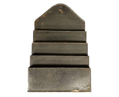 GWR leaflet metal holder with hole to top centre for affixing to wall, four apertures for leaflets, partial label to reverse 