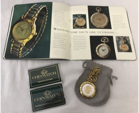 A Coinwatch 23ct gold plated pocket watch with chain, together with pouch and paperwork. A taylor made custom pocket watch ma