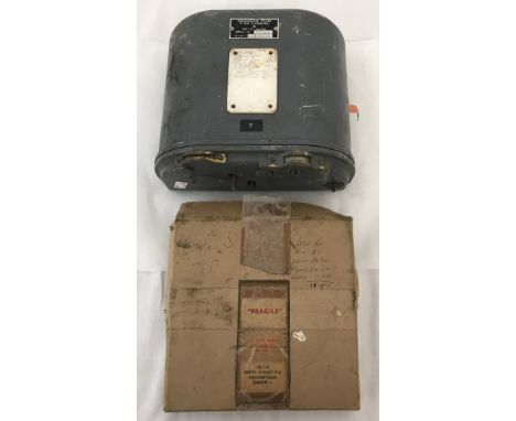 An F24 Aerial Reconnaissance camera film magazine together with a boxed registers glass. Ref No 14A/730, serial No 32159. Box