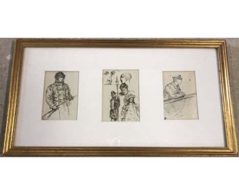 3 military pen & ink sketches. No visible signatures. All 3 framed & glazed together. Each sketch approx. 11 x 8cm
