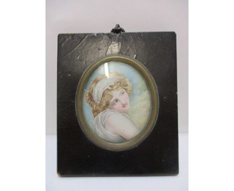 Late 19th century British School - a head and should portrait miniature of a girl with blonde wavy hair, wearing a head band,