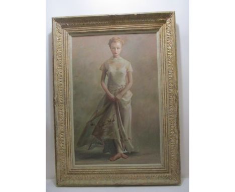 C H Pitur - a full length portrait of a girl wearing a white chiffon dress, oil on canvas, signed lower right corner, 30 x 20