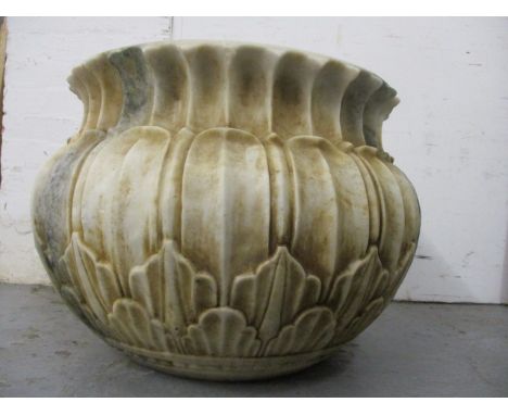 A mottled, white marble planter of bulbous form with acanthus and frond carved decoration, 18 h, 26 dia
