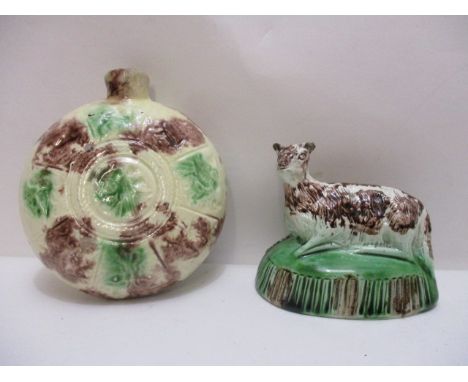 Mid/late 18th century Whieldon type ware pottery to include a moon flask with moulded ornament, 4 7/8 h and a model of a recu